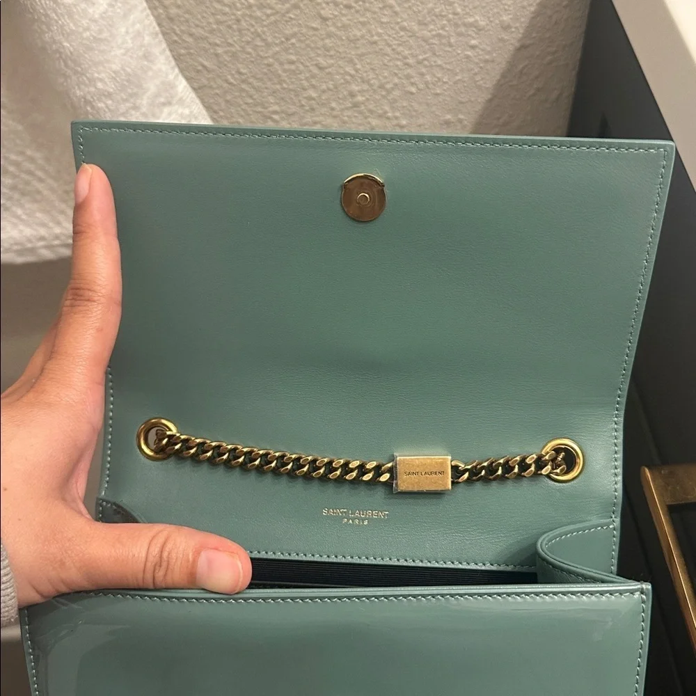 RARE COLOR💎Saint Laurent Kate Patent Leather Crossbody Bag Vintage Sage YSL Kate - Picture 8 of 16